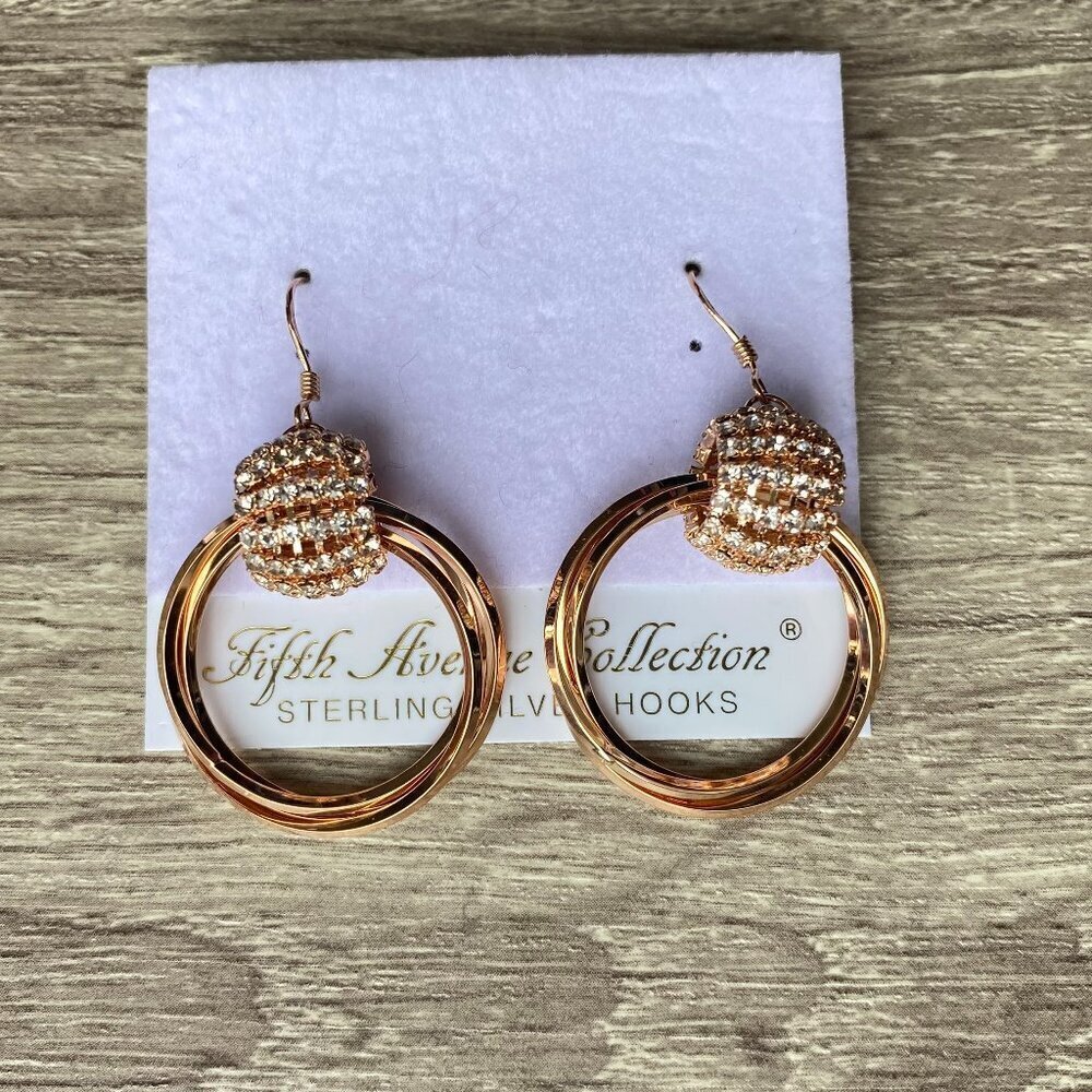 Fifth Avenue Rose Gold Double Hoop Pave CZ Dangle Earrings NWT